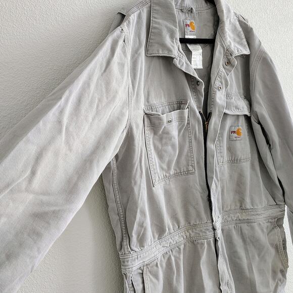 Carhartt FR Men 48 Tall Gray Coveralls Jumpsuit Thrashed Hole Stains Pocket Work - Picture 6 of 10